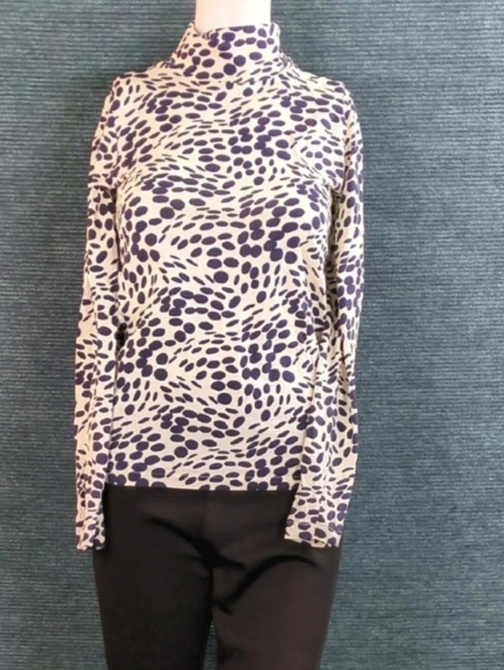 J Crew Cotton Tissue Turtleneck Navy On Ivory Elliptical Polka Dots